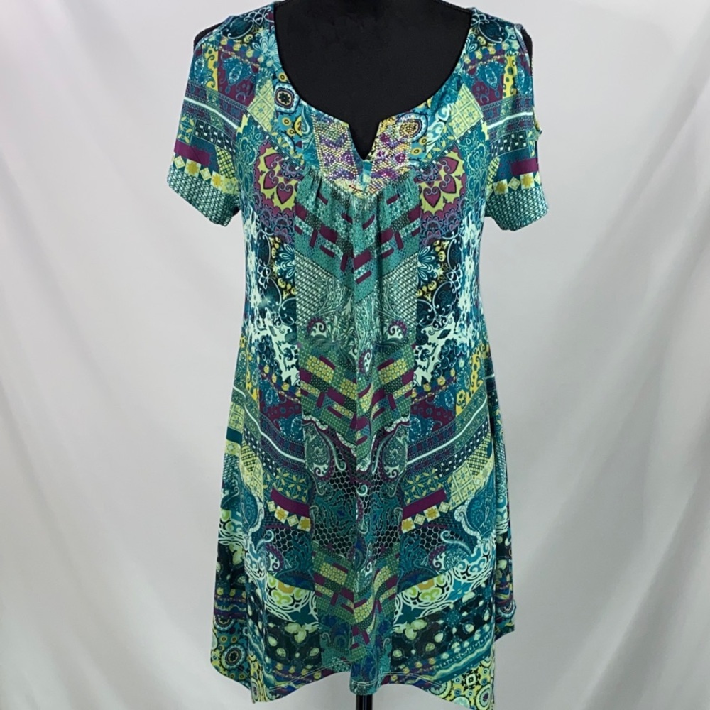 One World Live Let Live Teal Patterned Dress S Short Sleeve Boho V-Neck Knit